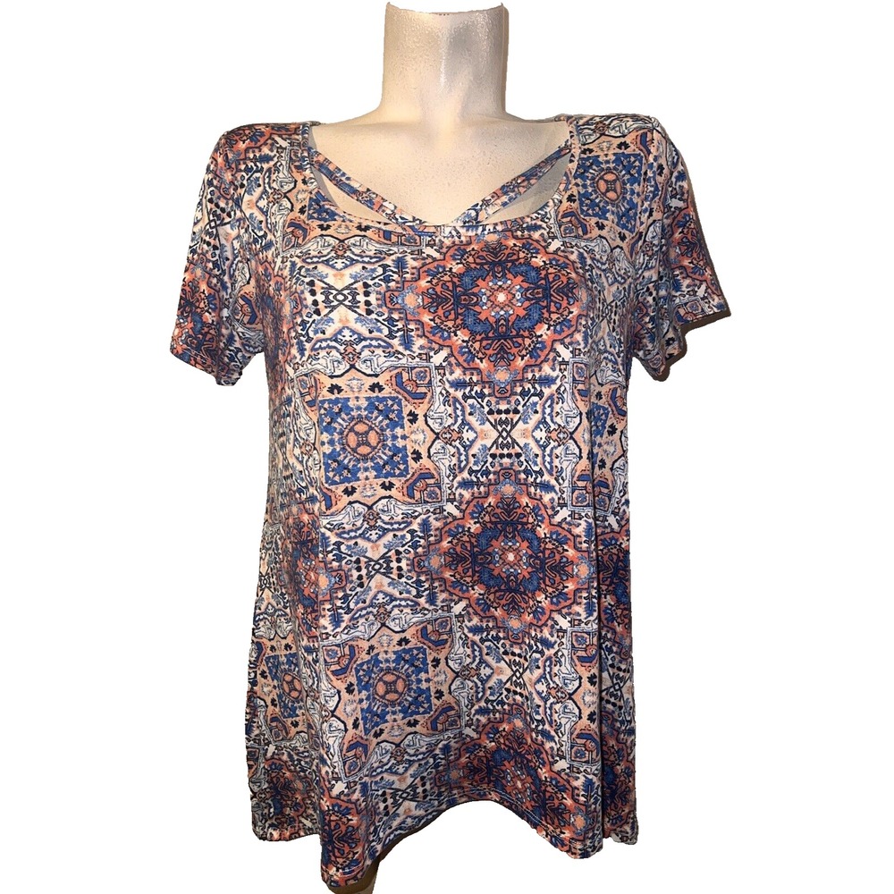 Fred David Geometric Print Lace Back Tunic Top Womens Size L Blue Orange Shirt